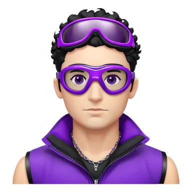 male athlete with white skin and moderately curly black hair on top with shaved sides, wearing ski goggles with purple frames and very dark black lenses, a simple plain black chain necklace, and an open shiny purple vest showing his chest and abs, no earrings sticker