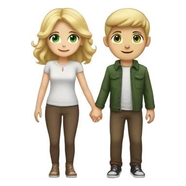 Blond boy with green eyes and brunette girl with brown eyes hold hands in love sticker