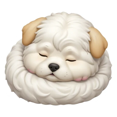 Cinematic Chubby Sleeping Wavy-Haired Maltese dog Portrait Emoji, Chubby and serene, with a round, adorable build and a soft, wavy-haired white coat, eyes gently closed in peaceful slumber, Simplified yet irresistibly endearing features, highly detailed, glowing with a gentle, dreamy glow, high shine, relaxed and content, stylized with a touch of whimsy, bright and heartwarming, soft glowing outline, capturing the essence of a blissfully sleepy companion, so comically serene it feels like it could roll out of the screen and snore with adorable charm! sticker