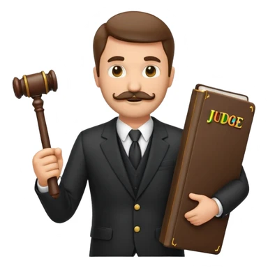 “Create a clean, modern emoji-style illustration of a male lawyer. He is wearing a formal suit jacket. He is holding a judge’s gavel in one hand and has a law book tucked under his arm. He has a mustache and a short beard, and sticker