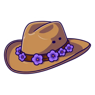 Cowgirl hat with purple lavender flowers, wide-brimmed brown western hat sticker