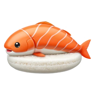 Cute Kawaii Nigiri Sushi, plump and happy, a soft white rice pillow topped with bright orange salmon, tiny blushing cheeks, big round eyes, a joyful floating expression! sticker