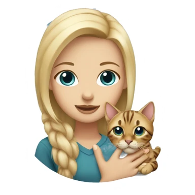 Girl with blonde hair and blue eyes holding a bengal cat sticker