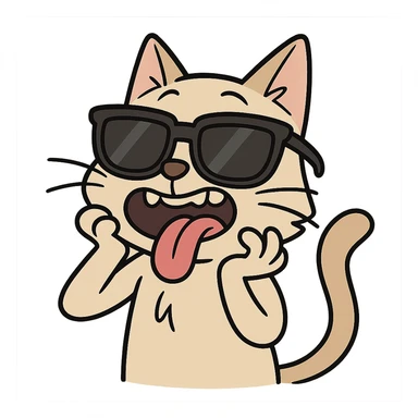 a cat wearing oversized sunglasses and making a silly face, cartoon style sticker