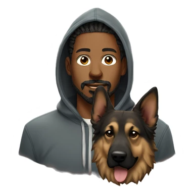man with dreadlocks, mustache and goatee dressed in a hoodie alongside a brindle colored german shepherd dog sticker
