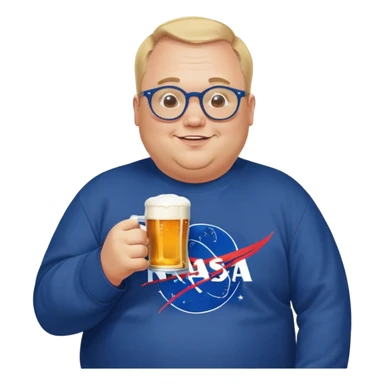 happy fat man, drinks a beer,  blond short and hight receding hairline, wearing a dark blue sweatshirt, nasa logo on the sweatshirt, round glasses without frame, 40 years old sticker