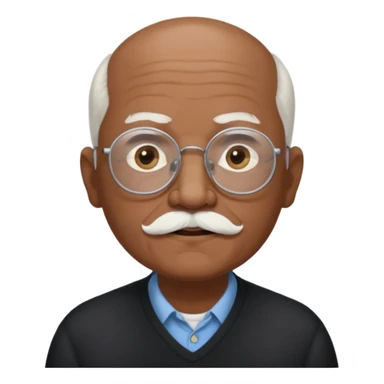 an elderly man with medium-dark skin tone, bald on top with short white hair at the sides, thick white eyebrows, large brown eyes, and wears black-framed glasses.
A small white mustache sits above his mouth sticker