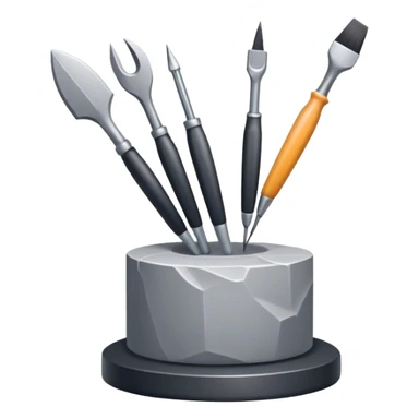Icon for sculpting, with sculpting tools, sculpture in progress on a textured surface, minimalistic style, clean lines, transparent background. sticker