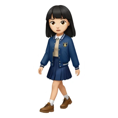 hair : black long hair with fringe 
skin : light 
cloth : deep brown varsity jacket + navy long long school girl skirt 
motion : walking 


 sticker