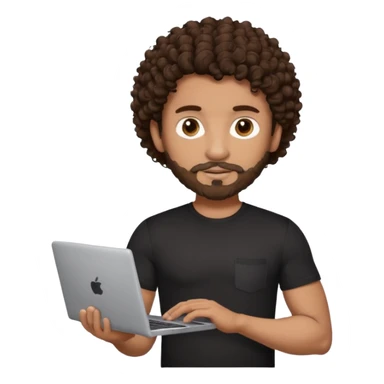 men holding his computer in hands. light brown skin men with curly dark brown hair, brown eyes, little grown beard. ust a tiny bit muscular. dressed casual. round face. sticker