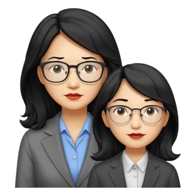 middle-aged Asian woman, long wavy hair, small rectangular metal glasses, serious, manager style sticker