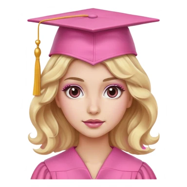 Blonde with wavy hair, a pink graduation cap, white skin and brown eyes with pink makeup  sticker