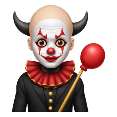 Crea un payaso con toda la cara blanca sin pelo con cuernos de color negro, que su cuerpo tenga un traje de payaso negro con rojo sticker