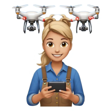 female farmer with a ponytail using a smartphone with a drone in the sky, emoji style sticker