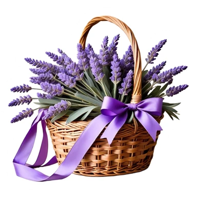 A carefully arranged lavender bouquet, interwoven with hints of muted wisteria and smoky violet, rests inside a vintage wicker basket, its stems spilling over in a cascade of soft, fragrant beauty. A loosely draped silk ribbon in shades of lavender and aubergine weaves through the handle, catching the light as it gently sways in the breeze.
 sticker