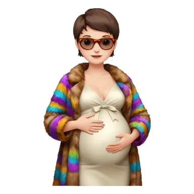 pregnant stylish woman with short pixie brunette hair happily touching her big belly while wearing white dress and fancy brown fur coat and colorful shades sticker