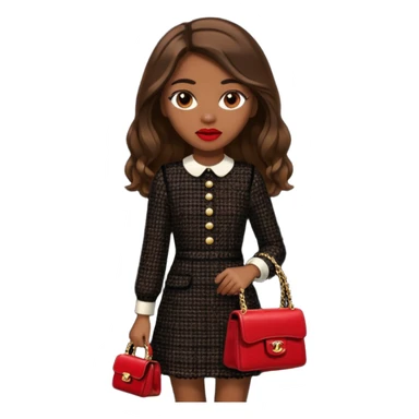 girl with brown long hair dressed up in black chanel tweed dress carrying a red chanel bag and wearing red lipstick. Close up shot with wind blowing her hair looking fancy sticker