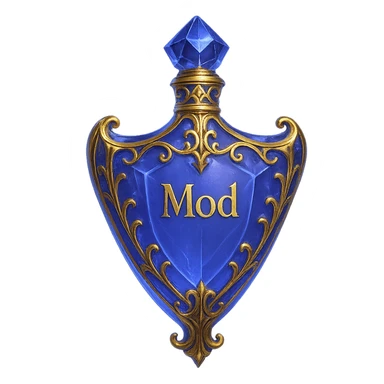 Premium class, extremely luxurious crystal elixir bottle in shield shape, color #7986cb, with inscription 'Mod', maximum glow, edges, ornaments, golden details, subtle magical effects, unique shape accents, transparent background, beautiful seamless bottom, bottle clearly floating in air, no base or shadow, very luxurious, modern, fits collection. sticker