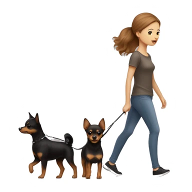 A light brown haired girl, walking one mini black and tan miniature Pinscher and one very big fluffy light brown Spitz on the lead sticker