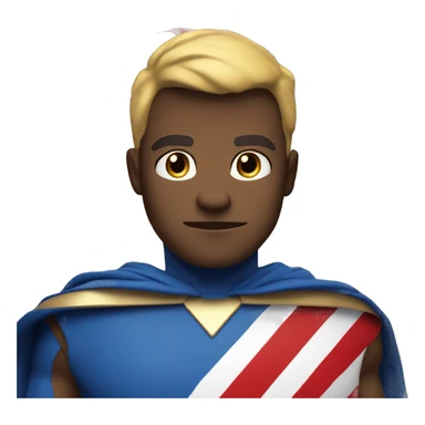 Emoji of Homelander from ‘The Boys’ series. USA flag-inspired costume with cape (red, blue, white). Confident, slightly menacing expression. sticker