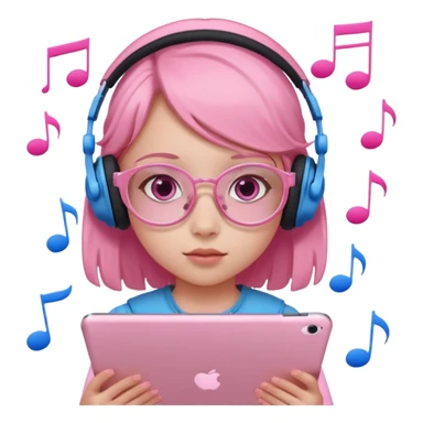 Little girl with headphones when pink eyes and pink iPad and pink dreamy background and rose colored glasses and blue music notes around her sticker
