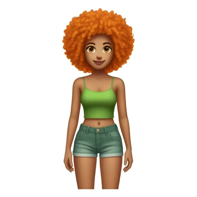 Girl with tan light skin green tube top and denim shorts on and a very orange curly Afro sticker