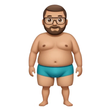A very fat standing shirtless mexican guy in his boxers with a buzzcut, a beard, and glasses sticker