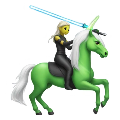a unicorn with a green alien woman on it holding a lightsaber sticker