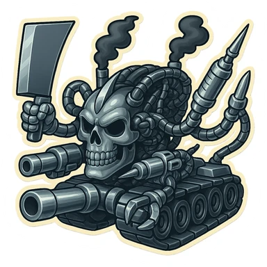 Create a skull robot tank with 4 distinct arms, each hand holding a different weapon: a large industrial blade, a blaster, a menacing syringe, and a claw. The exterior metal is extra shiny silver grey, with inside cables and tech almost black. Smoke from the top is dark shaded. The skull face is positioned low and forward, similar to the attached references. Use retro stickers style with clean outline, compact proportions, and transparent background. sticker