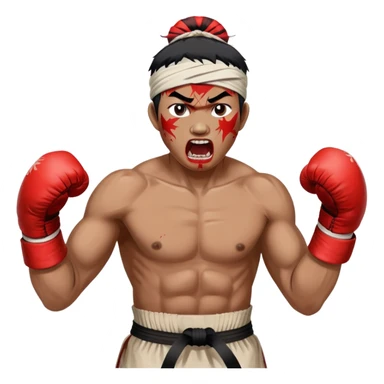 A traditional Lethwei fighter with wrapped bare fists and a traditional Burmese headband (gaung baung), shouting with fierce intensity, blood mark on glove, gritty and raw appearance, Burmese boxing sticker