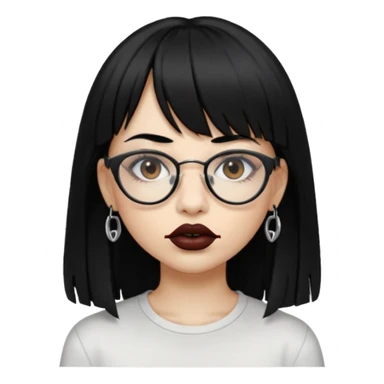 uma mulher snapchat icon, cor da pele normal, cabelo preto liso solto grande com franja vegana, curta, óculos pretos, com piercing na boca e nariz, olhos castanhos, camisa branca, a tela de fundo branca, coloque um piercing, um metal na boca e no nariz, cicatriz na sobrancelha, cor da boca preto,  sticker