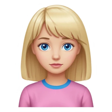 blonde woman with bangs, wearing a pink blouse, blue eyes sticker