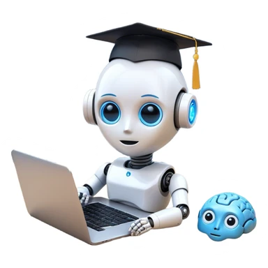 A combination of emojis representing artificial intelligence skills. A small humanoid robot head (🤖) with glowing blue eyes, a brain icon (🧠) beside it, and a laptop (💻) underneath, symbolizing AI-powered computing. Above the robot, a graduation cap (🎓) hovers slightly, indicating learning and education in AI. Small digital sparks or circuit-like patterns connect the elements, creating a futuristic and tech-inspired emoji style. The background is plain white sticker