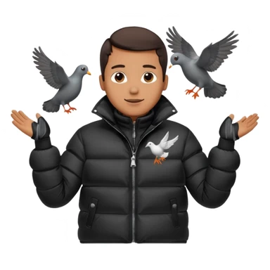 puffer shiny black jacket man open arms looking at a flying pigeon sticker
