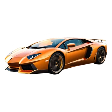 Lamborghini Aventador speeding down Sunset Avenue at dusk, headlights blazing. The sky glows in warm sunset hues, reflecting off the sleek car. Motion blur emphasizes speed, with palm trees and city lights in the background. Transparent background. sticker
