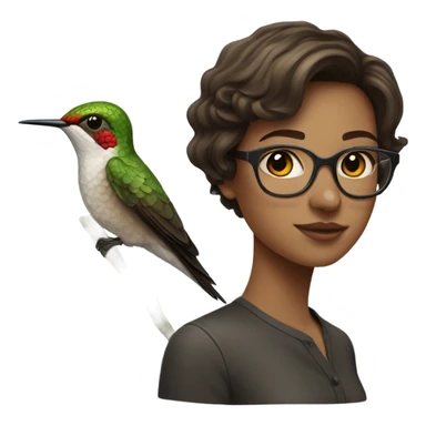 Girl pale , brunette, with short hair, wearing glasses with a hummingbird next to her sticker