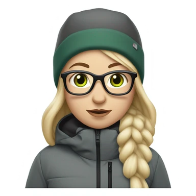 Green-eyed, fat female skier with long straight blonde hair, glasses, white helmet, grey snow jacket, long black pants, black only snow boots standing tall. sticker