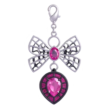 3D emoji style pink bow with gothic effect, black lace overlay, silver spiderweb charm, magenta gemstone center sticker