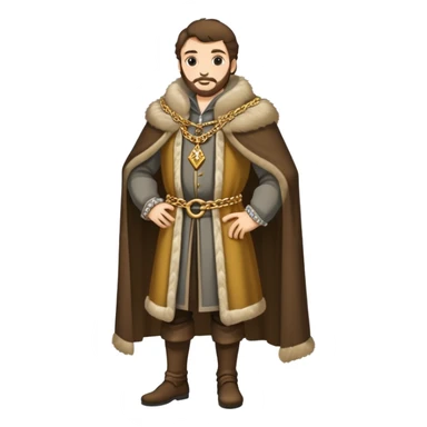 Full body of wealthy medieval merchant in fine clothes, fur-trimmed cloak, and gold chain sticker