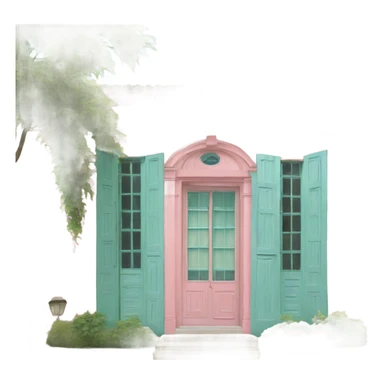 full view on a pink with green shutters and light blue door 19th century villa  sticker