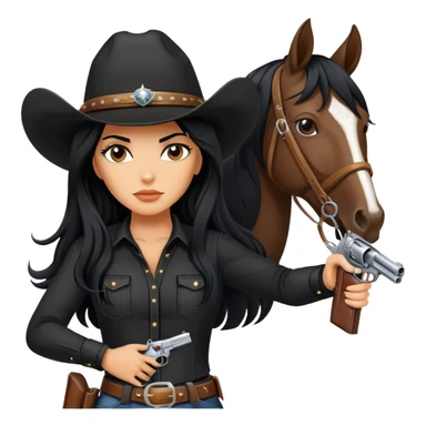 confident hot tanned woman with long black hair cowgirl style wearing black outfit with gun and horse sticker