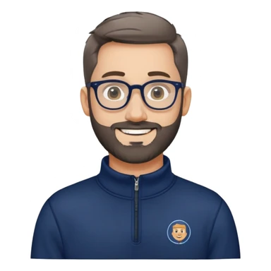 Fair-skinned broader man with oval face, very tight haircut (almost shaved on top, faded sides), short salt and pepper beard, big black-rimmed glasses, friendly smile, navy blue quarter-zip sweatshirt with long sleeves sticker