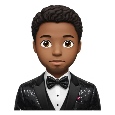  Chadwick Boseman with dark brown hair, black sequin suit with bow tie sticker