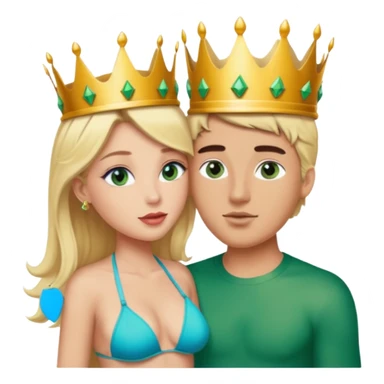 Blonde Queen Green eyes with crown in Bikini kissing Male subject without crown dark Hair blue eyes sticker