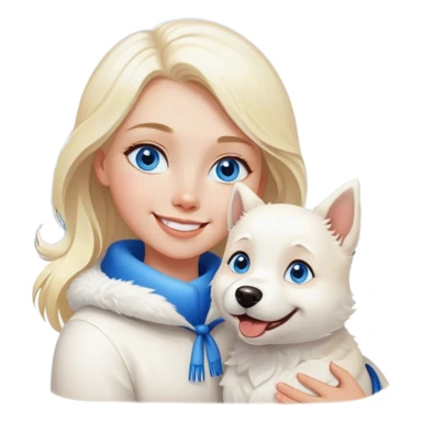 Blondie and blues eyes girl smiling with White dog in snow sticker