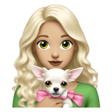 pale blond girl with wavy long platinum hair with green eyes holding a white chihuahua puppy that wearing a pink bow sticker
