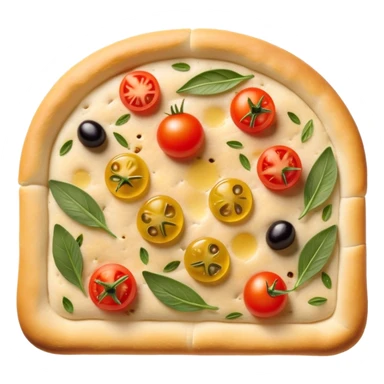 cinematic-realistic-focaccia-bread-dish-emoji,-depicted-as-a-golden,-olive-oil-brushed-flatbread-sprinkled-with-herbs-rendered-with-lifelike-texture-and-soft,-appetizing-lighting showing olives on top and the cherry tomatoes sticker