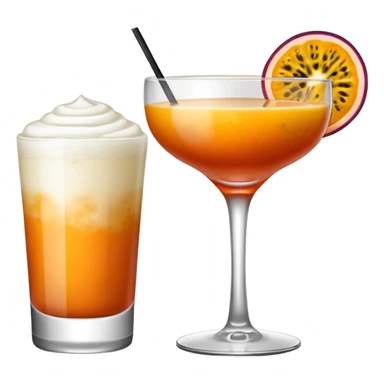 Dark orange cocktail with white froth and passion fruit garnish in a coupe cocktail glass sticker