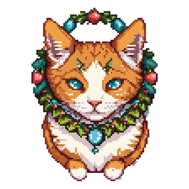 pixel art of a ginger cat with a garland around the head sticker