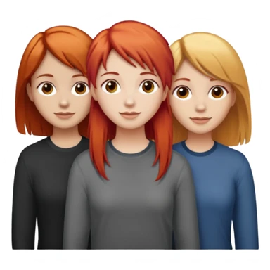 Can you create an image of 3 friends together one with red bright hair light skin one the other with brown hair with some blonde highlights in the hair fair skin the last one with light brown a tint of orange hair and Brown hair sticker
